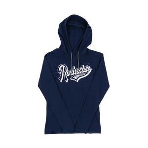 Navy blue hoodie with 'Rochester Minnesota' text on a white background
