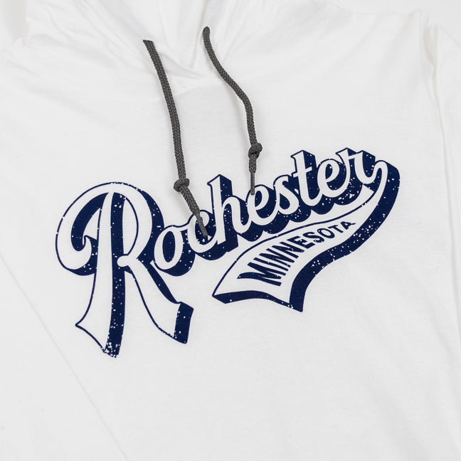 White hoodie with 'Rochester Minnesota' text in blue on a white background