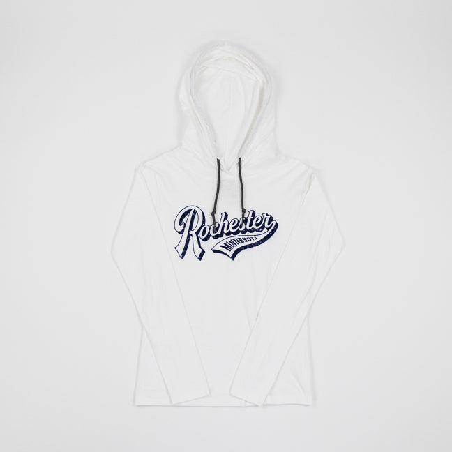 White hoodie with 'Rochester Minnesota' text on awhite background