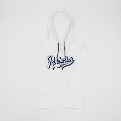 White hoodie with 'Rochester Minnesota' text on awhite background