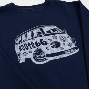 Navy blue sweatshirt with a white graphic of a van and 'Route 66 Chicago' text on a plain background