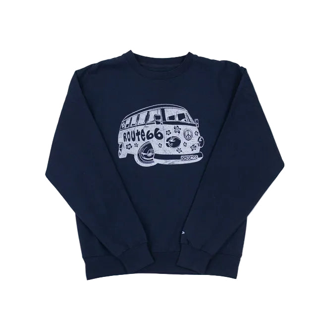Navy blue sweatshirt with a white graphic design of a VW-style bug van with text Route 66 and Chicago on a white background