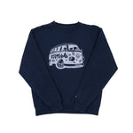 Navy blue sweatshirt with a white graphic design of a VW-style bug van with text Route 66 and Chicago on a white background