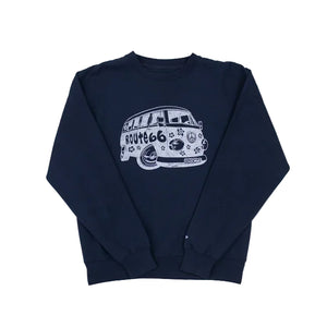 Navy blue sweatshirt with a white graphic design of a VW-style bug van with text Route 66 and Chicago on a white background