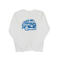 White sweatshirt with blue graphic design of a VW-style bug van with text Route 66 and Chicago on a white background