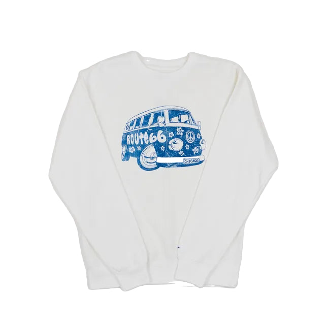 White sweatshirt with blue graphic design of a VW-style bug van with text Route 66 and Chicago on a white background