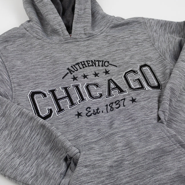 Gray hoodie with 'Authentic Chicago Est. 1837' text on a white background