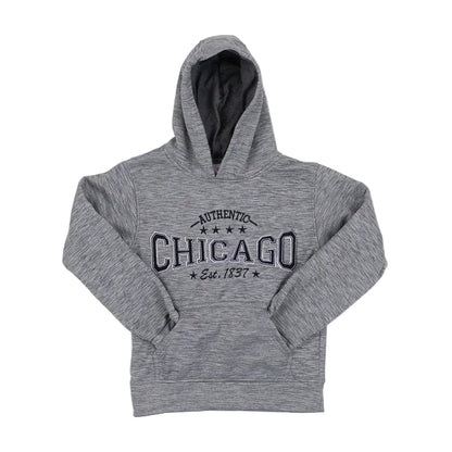 Gray hoodie with 'Authentic Chicago' text on a white background