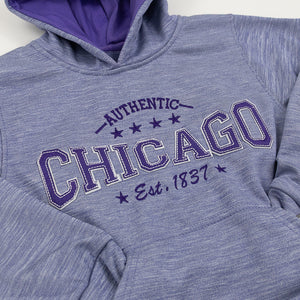 Purple youth hooded sweatshirt with a design on the front reading Authentic Chicago Est. 1837