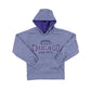 Purple youth hooded sweatshirt with a design on the front reading Authentic Chicago Est. 1837