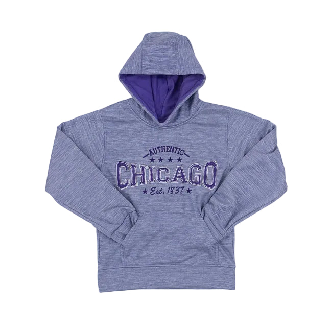 Purple youth hooded sweatshirt with a design on the front reading Authentic Chicago Est. 1837