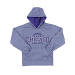Purple youth hooded sweatshirt with a design on the front reading Authentic Chicago Est. 1837