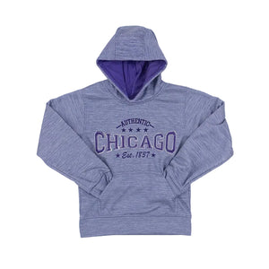 Purple youth hooded sweatshirt with a design on the front reading Authentic Chicago Est. 1837