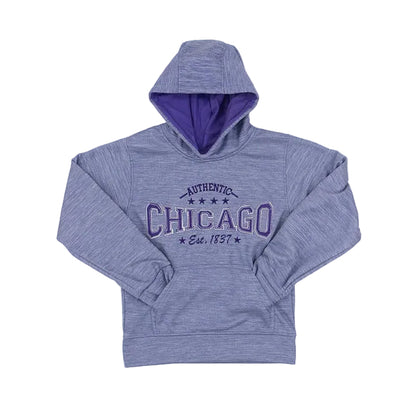 Purple youth hooded sweatshirt with a design on the front reading Authentic Chicago Est. 1837