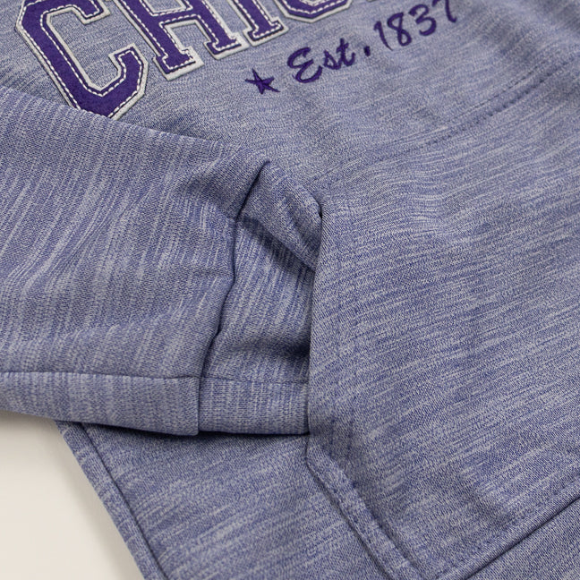 Close-up of a purple sweatshirt with text on a white background