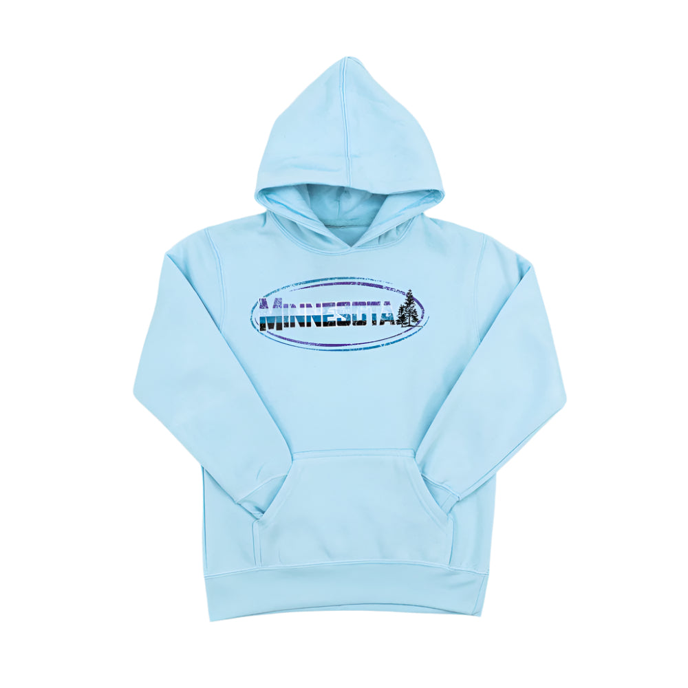 Light blue hoodie with 'Minnesota' text on a white background