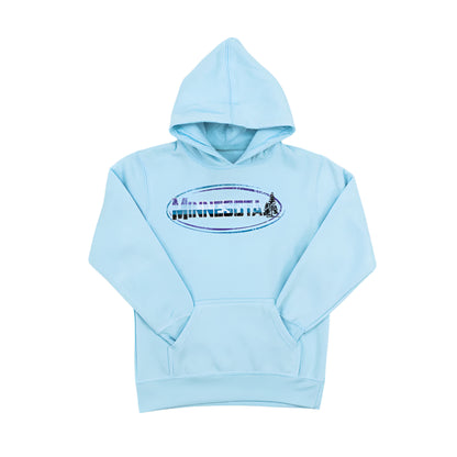 Light blue hoodie with 'Minnesota' text on a white background