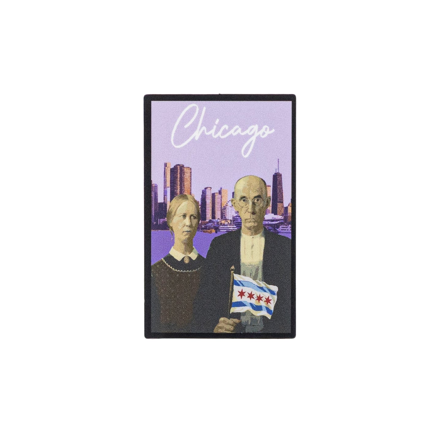 Framed artwork of the American Gothic couple holding a Chicago flag with a city skyline and 'Chicago' text on a light pink background.