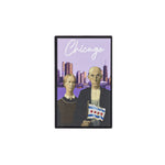 Framed artwork of the American Gothic couple holding a Chicago flag with a city skyline and 'Chicago' text on a light pink background.