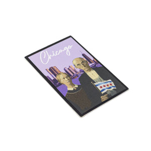 Framed artwork of the American Gothic couple holding a Chicago flag with a city skyline and 'Chicago' text on a light pink background.