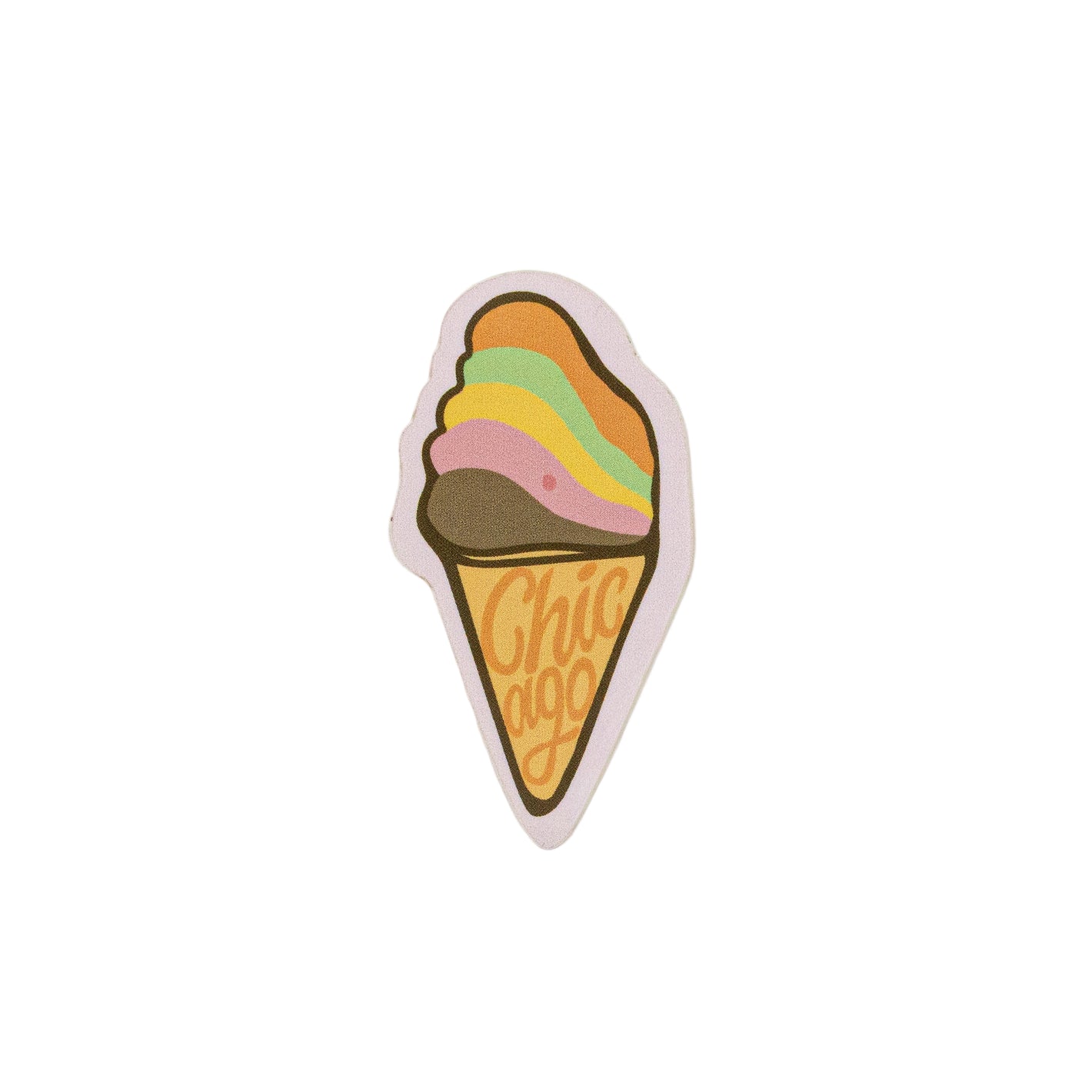Sticker of an ice cream cone with colorful scoops and 'Chicago' text on a light pink background