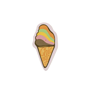 Sticker of an ice cream cone with colorful scoops and 'Chicago' text on a light pink background