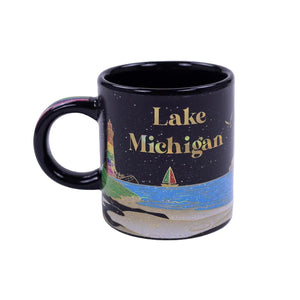 Black mug with 'Lake Michigan' text and scenic design on a white background