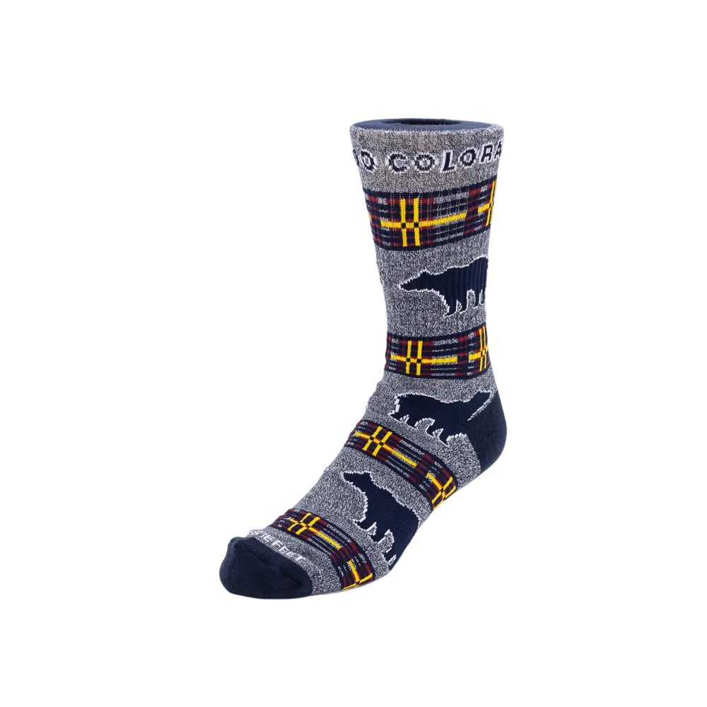 Plaid sock with bear design and 'Colorado' text on a white background