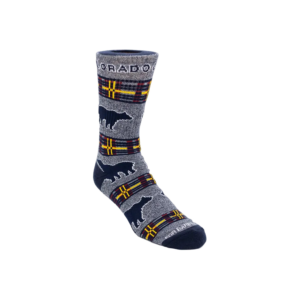Plaid sock with bear design and 'Colorado' text on a white background