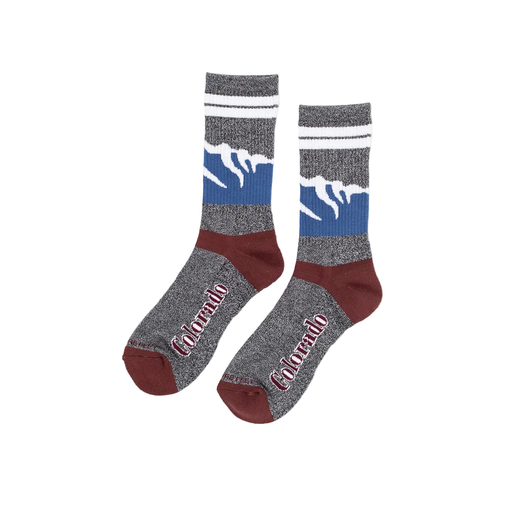 Two socks with mountain design and 'Colorado' text on a white background