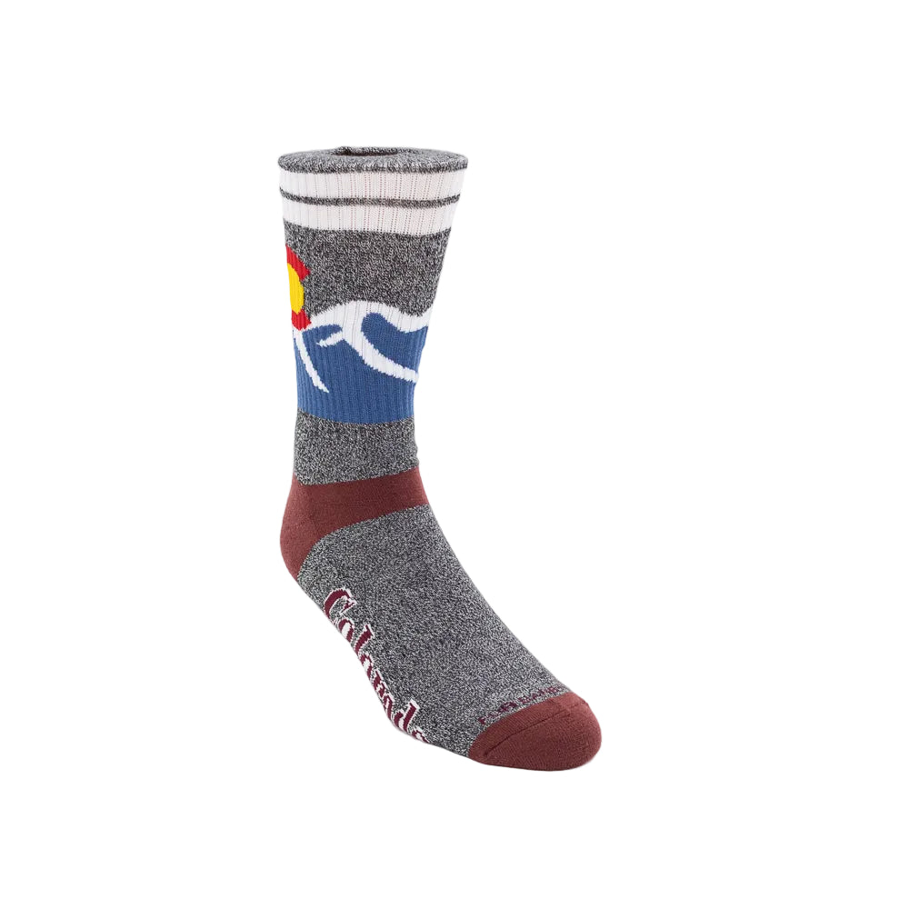 A sock with mountain design and 'Colorado' text and Colorado seal on a white background