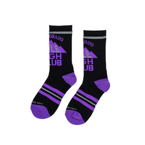 Black socks with purple and gray accents and 'Colorado Mile High Club' text on a white background