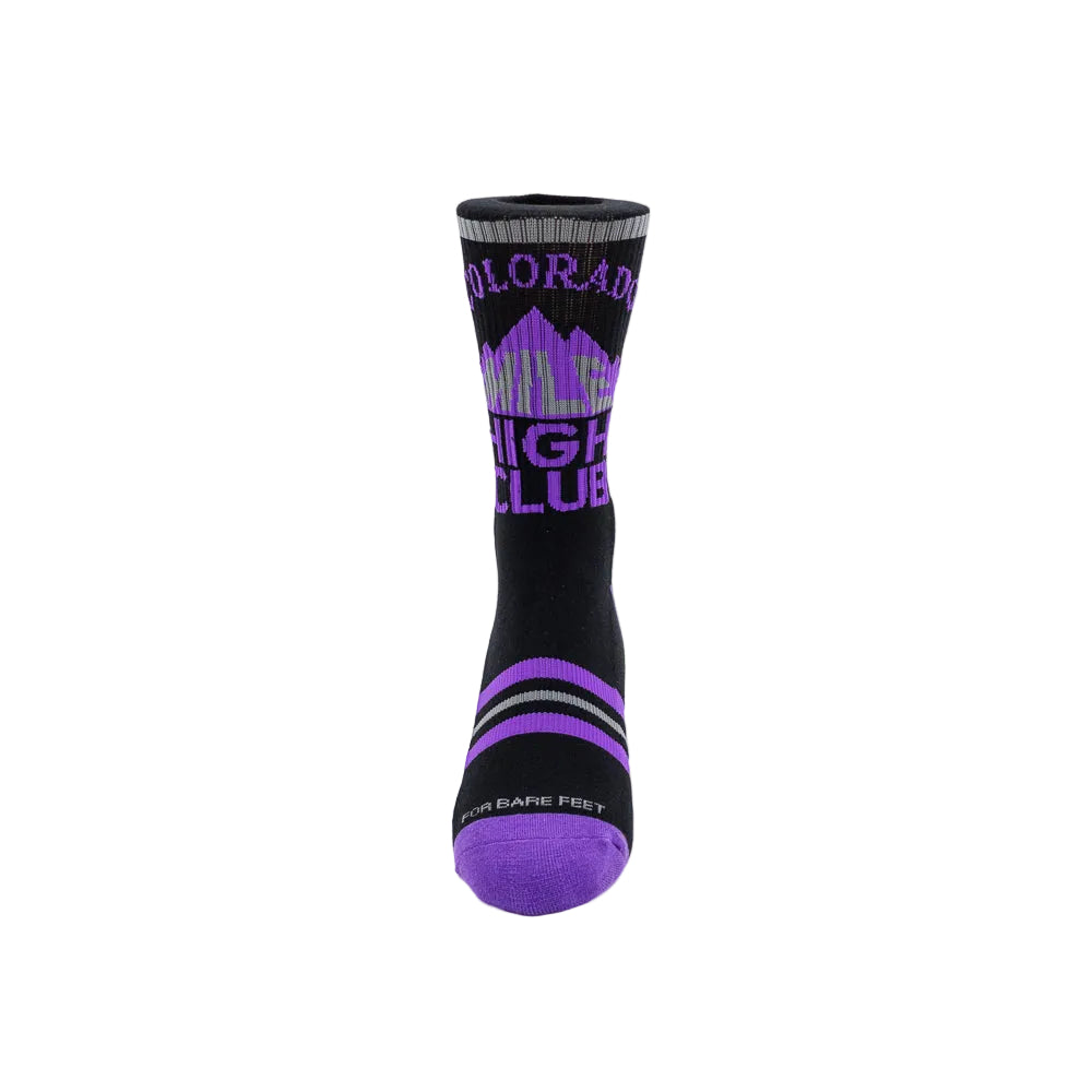 Black socks with purple and gray accents and 'Colorado Mile High Club' text on a white background