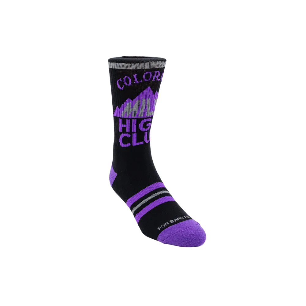 Black socks with purple and gray accents and 'Colorado Mile High Club' text on a white background