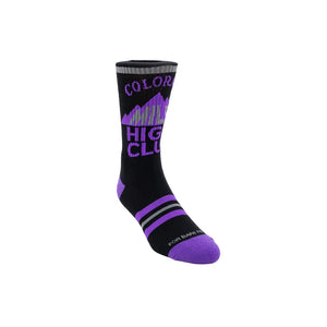 Black socks with purple and gray accents and 'Colorado Mile High Club' text on a white background
