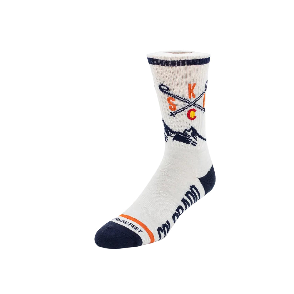 White sock with skiing designs and 'Colorado' text on a white background