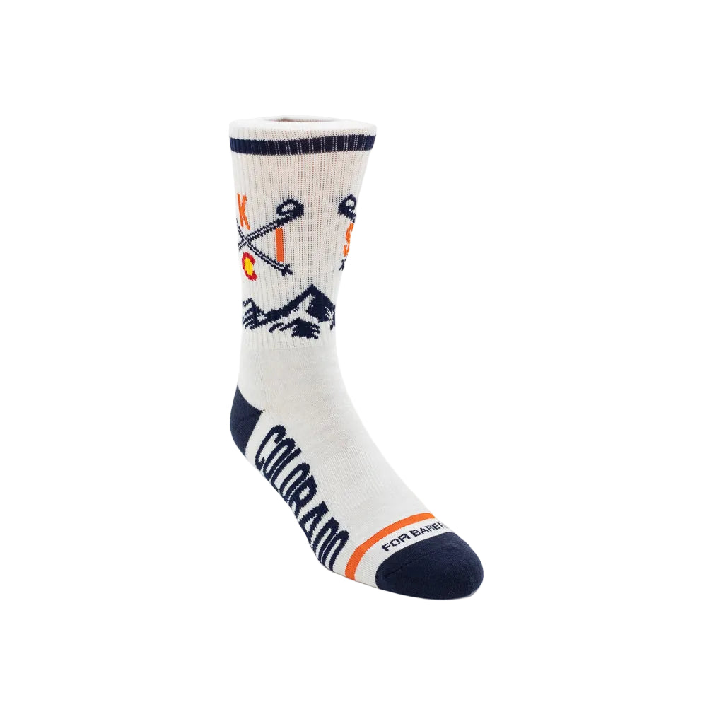 White sock with skiing designs and 'Colorado' text on a white background