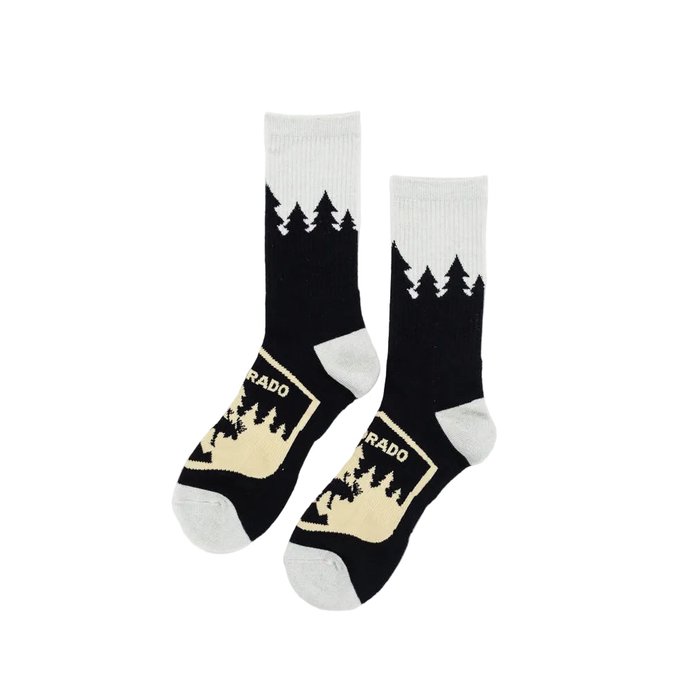 Two socks with nature-themed Colorado design on a white background