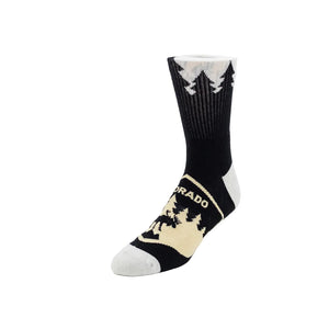 A sock with a nature-themed Colorado design on a white background