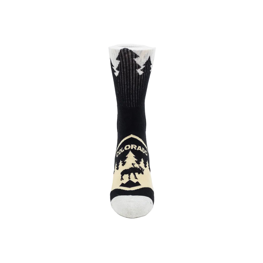 A sock with a nature-themed Colorado design on a white background