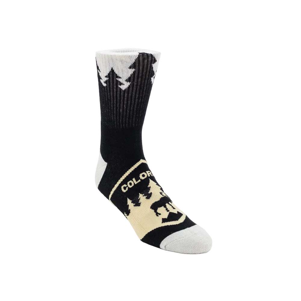 A sock with a nature-themed Colorado design on a white background