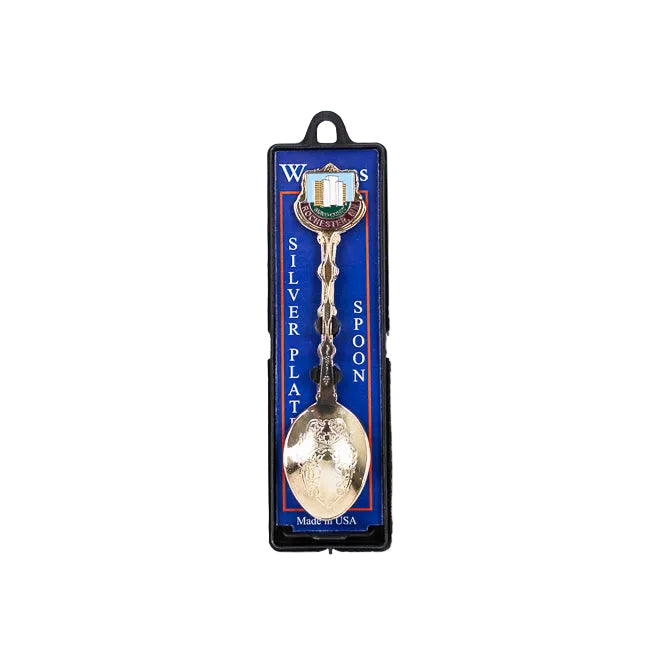 Silver spoon in a blue and white packaging on a white background