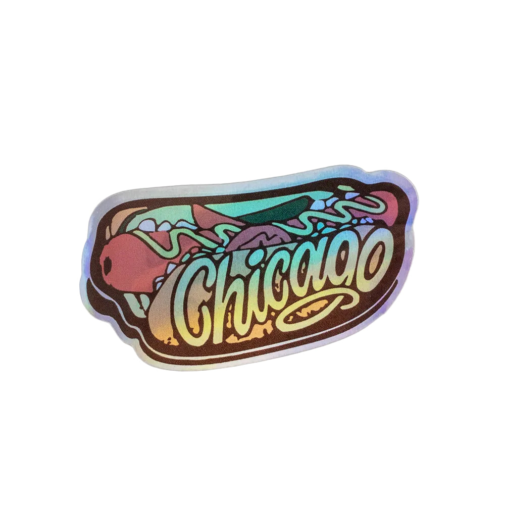 A sticker of a Chicago-style hot dog against a white background.