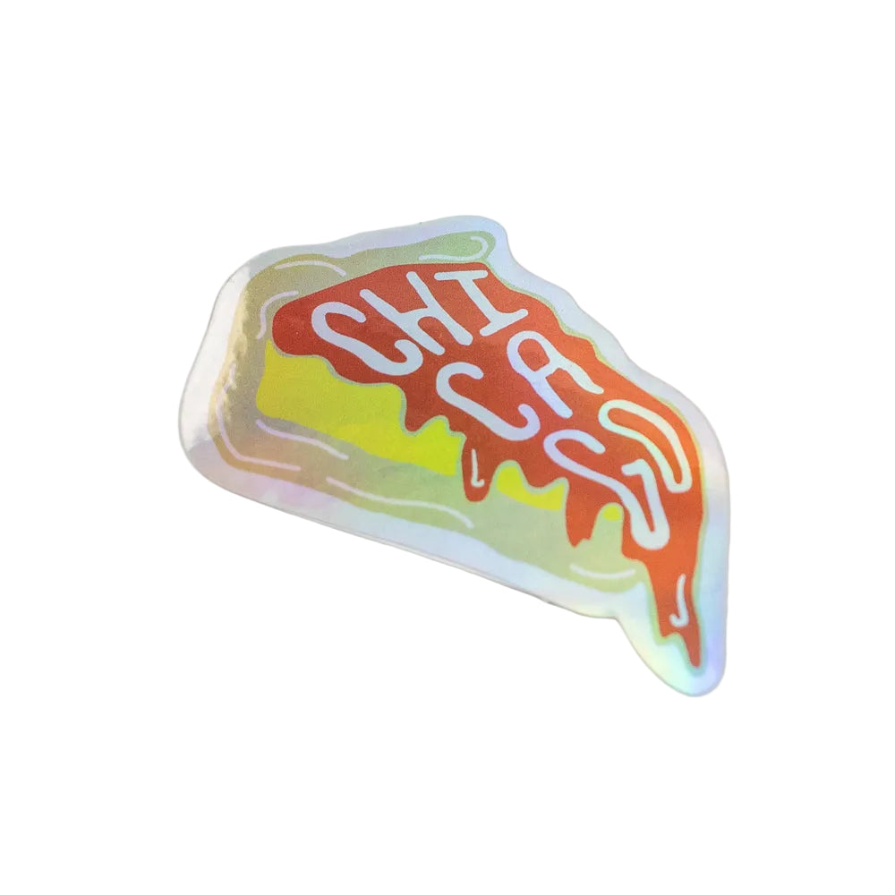 Sticker of a Chicago deep dish style slice of pizza with Chicago spelled out in the sauce.