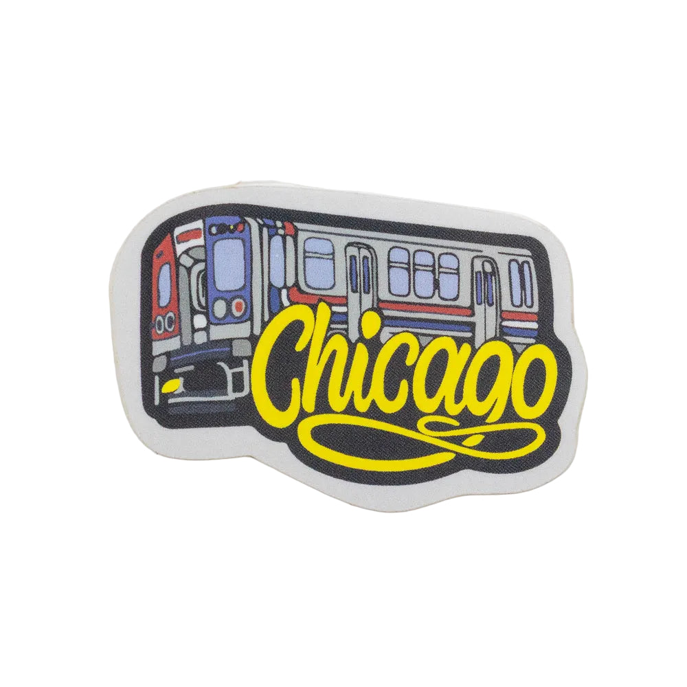 Sticker of Chicago's L-Train with the word Chicago in yellow set against a white backdrop.