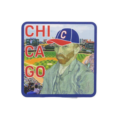 A sticker of Van Gogh in the foreground wearing a blue and red baseball cap with a white C. Wrigley Field is set in the background. Big letters in red spell out Chicago.