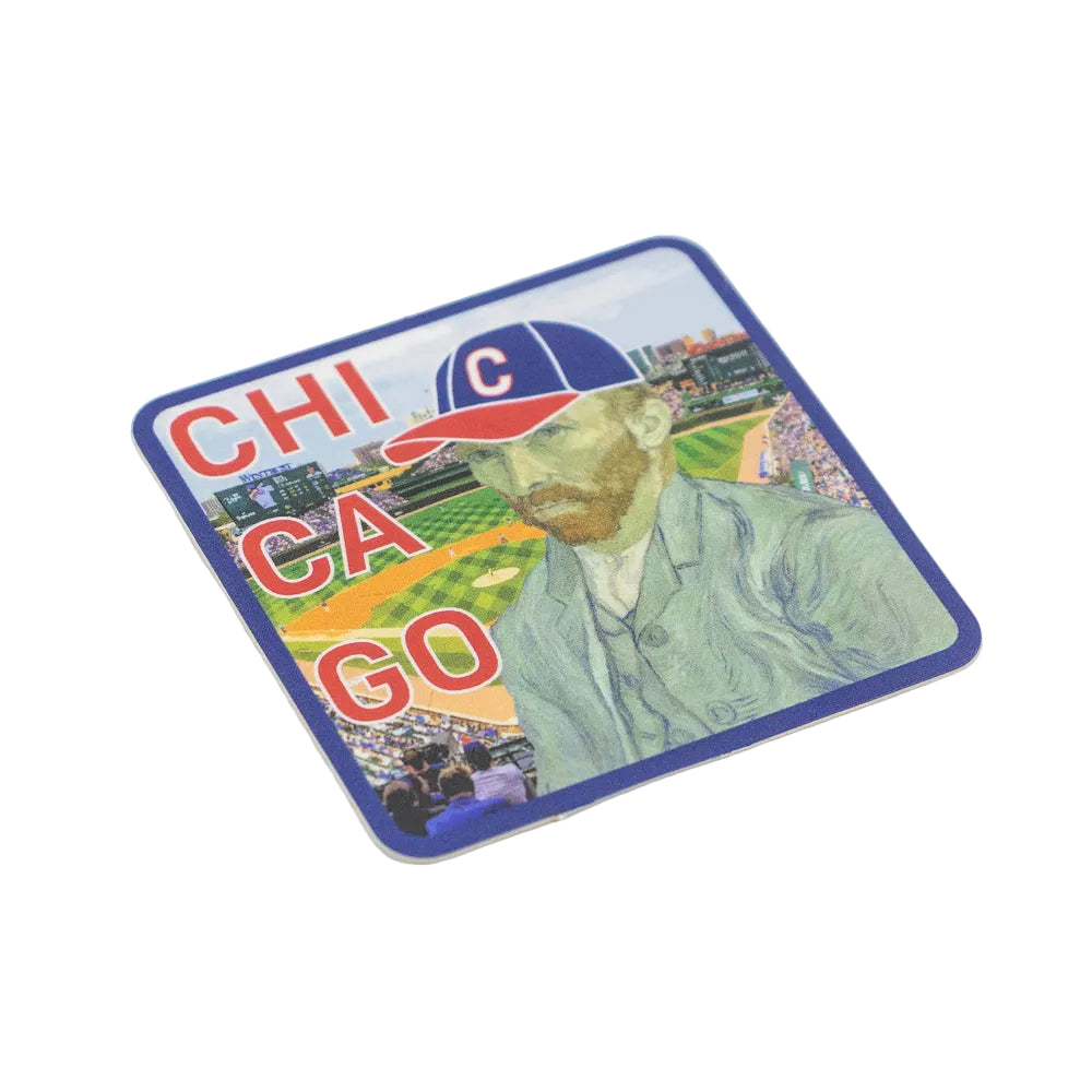 A sticker of Van Gogh in the foreground wearing a blue and red baseball cap with a white C. Wrigley Field is set in the background. Big letters in red spell out Chicago.