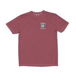 Brick red t-shirt with Route 66 logo on a white background