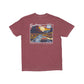Brick red t-shirt with a graphic design of Route 66 on a white background