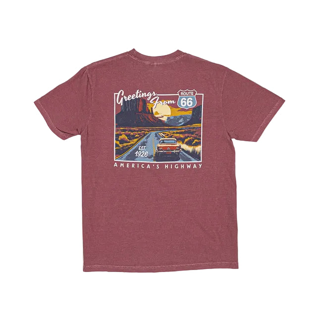 Brick red t-shirt with a graphic design of Route 66 on a white background